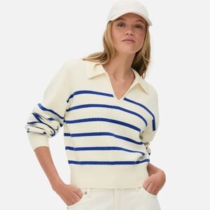 Primark Striped Pullover Collared Knit Sweater Blue & White V Neck Preppy New XS